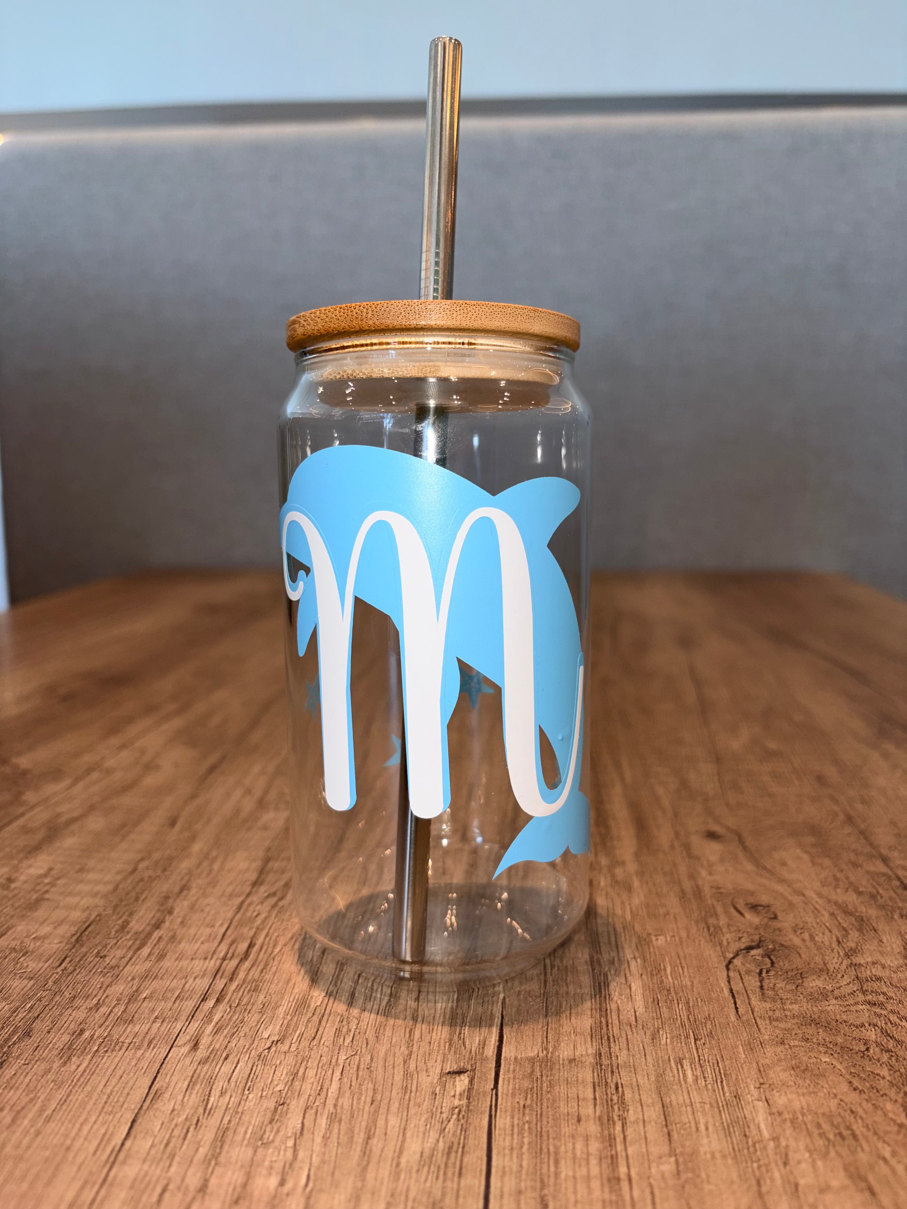 Custom Dolphin Glass Can Cup with Bamboo Lid & Straw