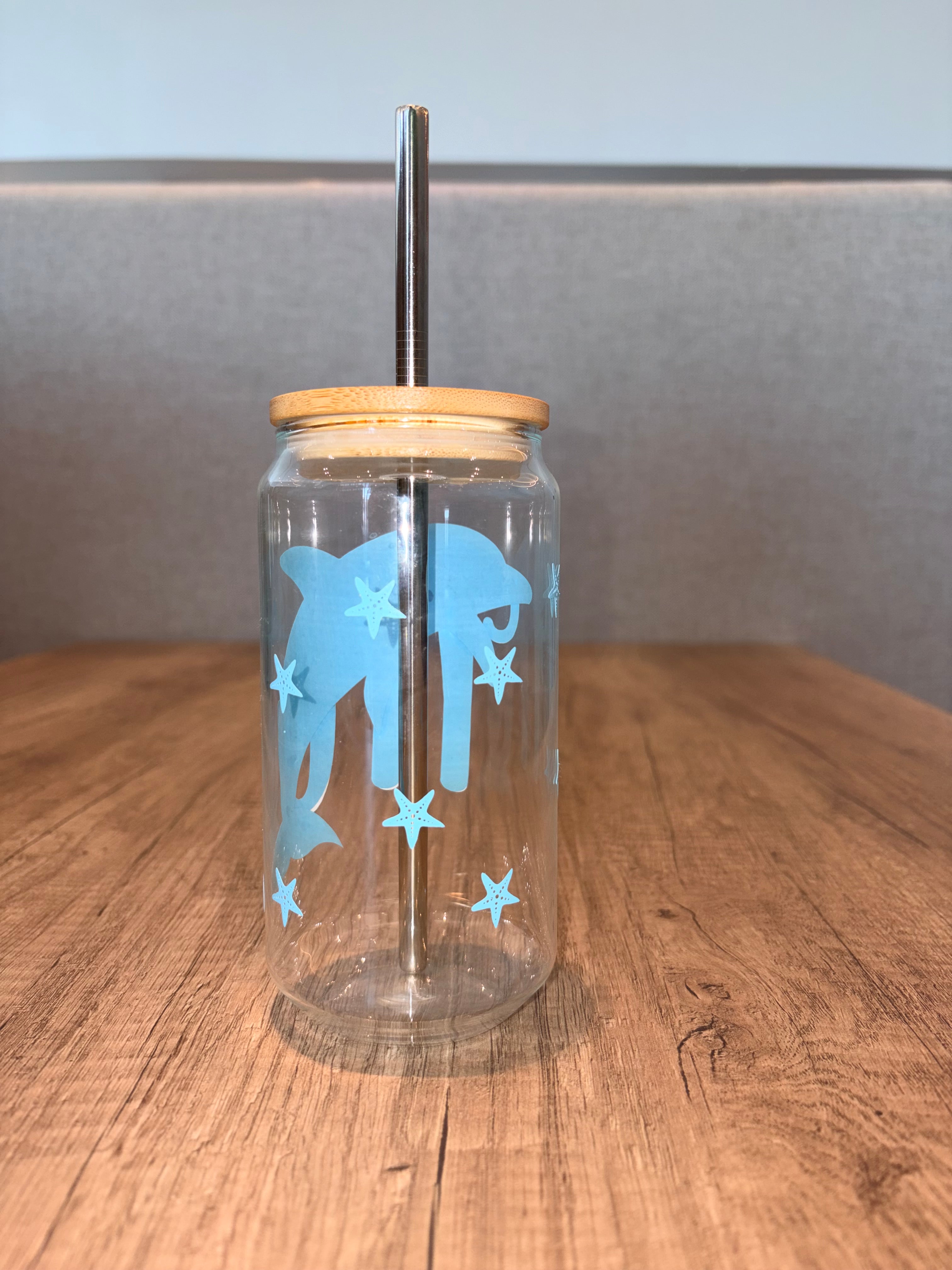 Custom Dolphin Glass Can Cup with Bamboo Lid & Straw